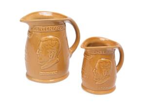 Two Hoffman ware "Melbourne Centenary" jugs with Batman and Fawkner. 11.5cm & 16.5cm.