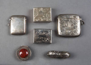 VESTAS & BOXES: Group of (6) including novelty peanut silver vesta; pair silver stamp boxes marked 950; antique silver vestas (2); circular silver pill box set with a large cabochon stone. G/VG condition