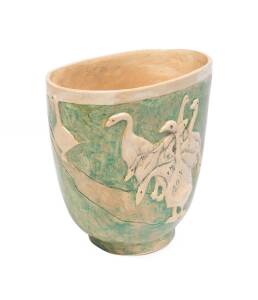 UNA DEERBON Australian pottery vase "Goosey Goosey Gander"  with incised signature. 20.5cm
