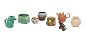 A group of Australian pottery including Melrose ware koala bowl, Newtone kookaburra vase, Boyd teapot, magpie statue, koala vase kookaburra jug & vase plus Guy Boyd painted vase. (8 items). 