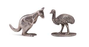 A pair of Australian silver kangaroo and emu figures stamped "Drummond Melbourne, Sterling", circa 1900. 4cm and 4.5cm. 