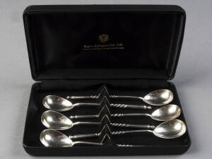 RUSSIAN SILVER: Set of 6 tea spoons with barley twist handles & engraved spoon backs. By Alexandra Yargunova, Moscow, late 19th century. VG condition 