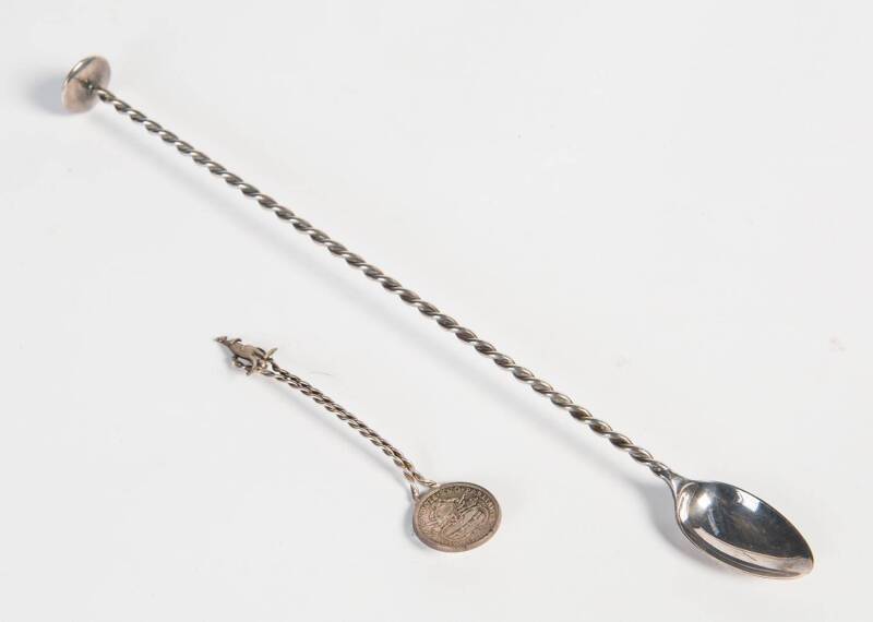 An Australian silver cocktail spoon by Fairfax & Roberts, Sydney circa 1930: and a kangaroo spoon with a 1927 KGV Provisional Parliament House Opening silver florin