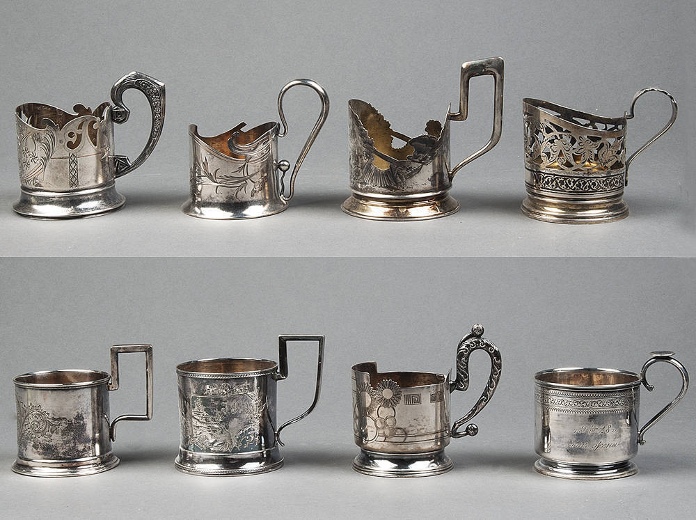 Podstakannik Russian Tea Cup Holder PODSTAKANNIK: Group Of Assorted Russian Silver Tea Glass 820 Grams