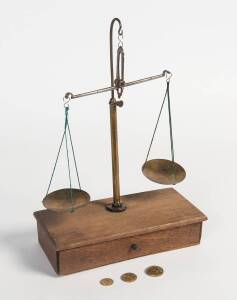 Gold scales in timber case with set of 6 gram weights all stamped with royal crown plus a set of 5 shim weights, 19th Century. 27cm high, 21cm wide, 10cm deep