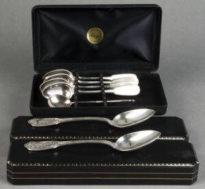 RUSSIAN SILVER SPOONS: Set of 4 fiddleback tea spoons made in Moscow c1878; pair of ornate soup spoons with monogram;  engraved tea spoon (Moscow c1896). G/VG condition