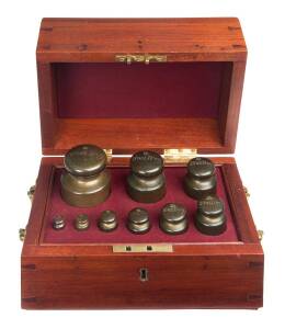 Set of 9 brass Troy Bullion Weights in cedar box. These were in use for trade in the colony of Victoria when gold was discovered at Ballarat and Bendigo. These weights were first verified and stamped in August 1853 at the old Melbourne Observatory and bea