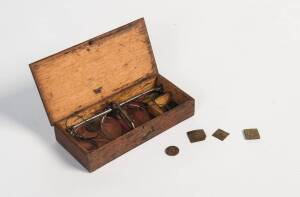 Miner's gold scales in timber case with assorted weights, 19th Century. Box 3cm high, 17cm wide, 8cm deep