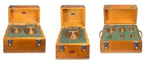 A full set of Standard Imperial brass weights known as "G.V.88" (Government of Victoria), housed in 3 boxes. 4oz to 56lb. All stamped "Crown" and "Standard", ex Melbourne Observatory.