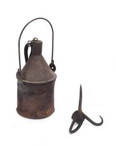 Tin ware black powder flask and a wrought iron miner's candle spike, mid-19th Century. Flask 23cm