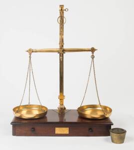 A large set of Australian cedar and brass gold scales with weights 