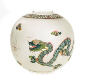 A Chinese lantern shade, enamel painted dragon decoration on glass, mid 19th Century. Purported to have come from an establishment in Melbournes Little Bourke Street China town during the gold rush. 38cm high