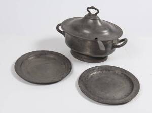 A pewter tureen (41cm across the handles), ladle & 2 plates, 19th Century. Provenance: George Lansell Bendigo mining magnate from the Fortuna mansion.