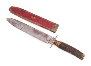 A goldfields Bowie knife by "Edward Barnes & Sons U.S." with horn handle & original red leather sheath. Mid 19th Century. 36cm