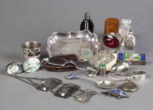 Remains of collection. Noted; Wine labels (3); pill boxes (3); silver miniature mirror; perfume bottles (3); thimble in case; novelty thimble; snuff box etc. G/VG condition