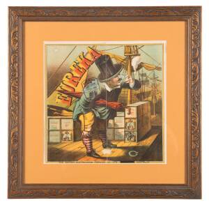 "Eureka Tobacco" framed advertising label, multicoloured pictorial of smoker on board ship with tobacco boxes, published by The British Australasian Tobacco Co., with "Australia/ H.M.Customs" stamp dated 7 Dec.1905, framed & glazed, overall 40x40cm.
