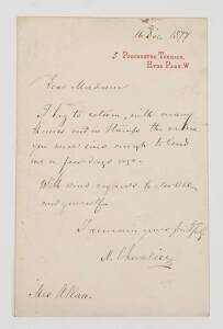 CHEVALIER, Nicholas [1828-1902] autographed letter sheet, headed "Porchester Terrace, Hyde Park W." and dated 16 Dec.1877, at which time Chevalier was living in London.