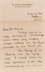 THE FLYING DOCTOR SERVICE: Flynn, John [1880-1951] autographed 3 page letter sheet headed "The Australian Inland Mission" and datelined "Assembly Hall, Melbourne 5/7/21" in which he thanks his correspondent for a donation and commenting "I am watching som