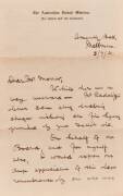 THE FLYING DOCTOR SERVICE: Flynn, John [1880-1951] autographed 3 page letter sheet headed "The Australian Inland Mission" and datelined "Assembly Hall, Melbourne 5/7/21" in which he thanks his correspondent for a donation and commenting "I am watching som