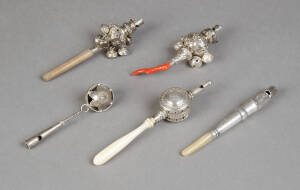 BABY RATTLES: 5 Antique & vintage silver rattles including mid 19th century coral handle; Edwarian bone handled; whistle etc. 