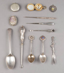 Sterling silver spoons (3, two of which are rifle trophies), thimbles (3), pen knives (4)' vanity ware (7) one with kookaburra top, Australiana silver necklace