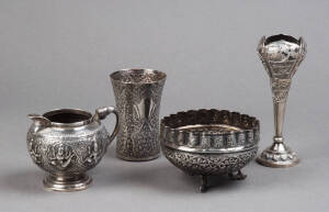 EASTERN SILVER: Jug, vase, beaker & bowl. Early 20th century, Indian & Thai. 400 grams total. Good condition