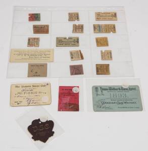 EPHEMERA: The Victoria Social Club - Ticket to their 4th Picnic on Boxing Day 1896 at Dandenong, plus "V.S.C." badge; train tickets (13) many with notes on reverse re various dates; 1893 ticket to sample Canadian Club Whisky at 1893 Columbian Exposition; 