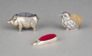 PIN CUSHIONS: Group of three, 20th century sterling silver novelty pin cushion; pig, chick & shoe. 5, 4 & 4cm