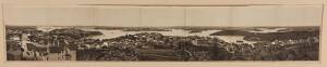 PANORAMA OF SYDNEY: circa 1900 folding leporello print in 7 panels laid down on linen; a sweeping view of Sydney from the North Shore looking South. 16.5 x 92.5 cm.