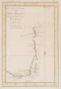 "Plan de la Terre de Van Diemen Reconnue par le Cape Furneaux en Mars 1773", from French edition of Cook's Voyages [Paris, 1774-89], eastern Tasmania & Furneaux islands, window mounted, framed & glazed, overall 32x41cm. {Tooley 337}.