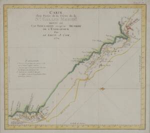 "Carte d'une Partie de la Cote de la Nle. Galles Meridle. depuis le Cap Tribulation jusqu'au Detroit de L'Endeavour, par le Lieut. J.Cook, 1770" [Paris, 1774], from french edition of Cook's Voyages, window mounted, framed & glazed, overall 54x51cm.