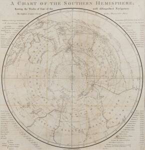 "A Chart of the Southern Hemisphere; shewing the Tracks of some of the most distinguished Navigators: By Captain James Cook, of his Majesty's Navy" [London, 1777], window mounted, framed & glazed, overall 71x74cm.