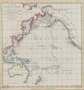 "A Chart, Shewing the Tracks & Discoveries in the Pacific Ocean, Made By Capt. Cook and Capt. Clerke, in His Majestys Ships Resolution and Discovery, in the Years 1777, 1778, 1779, 1780." [London, 1784], window mounted, framed & glazed, overall 57x61cm. {