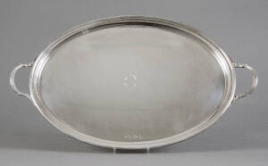 STERLING SILVER SERVING TRAY: Refined 20th century design with Regency style reeded edge & handles. By Barker Bros. Ltd. of Birmingham c1935. Monogrammed "C", impressive weight 2.350 kg, 55 x 33cm. VG condition