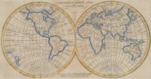 "A New Map of the World with the Latest Discoveries" published by Thomas & Andrews [Boston, 1798], window mounted, framed & glazed, overall 43x32cm.