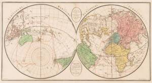 MOLINI & LANDI: "NOUVELLE MAPPEMONDE. HÉMISPHERE MARITIME - HÉMISPHERE TERRESTRE." 1807; Florence. 33.5 x 65 cm.This world map shows two hemispheres and displays the travel routes of Marco Polo Family, the explorers Magellan and Pigafetta (1519-1522), Jam