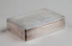 STERLING SILVER: Hardy Bros. mid 20th century box with machine engraved top, chamfered corners & sandalwood interior. Made in Birmingham. Some slight impact marks. Nice solid piece, 17 x 12 x 4cm. Good condition