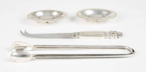 GEORG JENSEN: Acorn pattern sterling silver cheese knife & pair of silver condiment dishes. Also includes Danish silver tongs stamped "DGH". 20th century VG condition