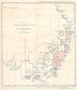 JOHN ARROWSMITH [1790-1873]: "Sketch Shewing the Squatting Districts in NEW SOUTH WALES. 1844." hand coloured, 42 x 37.5cm; map of part of Queensland, New South Wales and Victoria, showing the squatting districts, given over for pasturage.