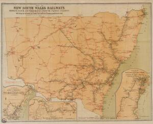 RAILWAYS: "Map of New South Wales Railways showing coach and other routes from the various stations : together with Mileage from Sydney With Diagrams of North Coast, South Coast, and Parts of Southern and Western Lines", lithographed and printed at the De