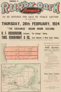 VICTORIAN REAL ESTATE: 1924 "Subdivision of Rugby Park, Fenwick" A splendid property comprising 416½ Acres Subdivided into 3 Farms." 75 x 50 cm.