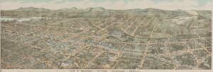 BALLARAT: A superb panoramic colour lithograph titled "VIEW OF BALLAARAT, VICTORIA, AUSTRALIA. 1887" from "The History of Ballarat, from the First Pastoral Settlement to the Present Time." by William Bramwell Withers. 31 x 88 cm.