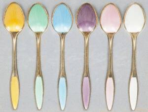 STERLING SILVER: Two boxed sets of tea spoons (6 in each) comprising Danish enamel with gilded finish stamped "Frigast"; plus English silver & enamel set by William Hair Haseler of Birmingham c1937. VG condition