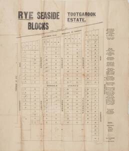 VICTORIA: c1912 Real Estate poster "RYE Seaside Blocks, TOOTGAROOK Estate", printed by Paul Hewitt 26A Market st Melbourne. L.Thorn Licensed Surveyor 12/12/12. A fascinating overview with many pencil notations showing the prices achieved at auction on ind