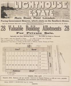 VICTORIAN REAL ESTATE:  c1920 "LIGHTHOUSE ESTATE Main Road, Point Lonsdale. Facing Government Reserve, which abuts on the Southern Ocean. 28 Valuable Building Allotments. Splendid and Safe Bathing Beach. No Cliffs to Climb or Descend." 60 x 50 cm.