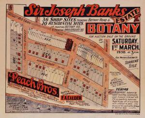 SYDNEY REAL ESTATE: "Sir Joseph Banks Estate Botany" 1930 colour lithograph laid down on linen; 51 x 63.5cms.