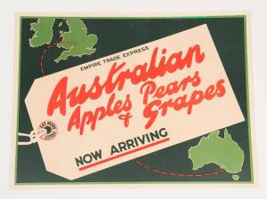 "Australian Apples, Pears & Grapes NOW ARRIVING" c. 1930s colour lithograph, laid down on linen; 38 x 51cms.