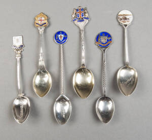 AUSTRALIANA: Group of 7 sterling silver & enamel spoons with Australiana tops. G?VG condition.