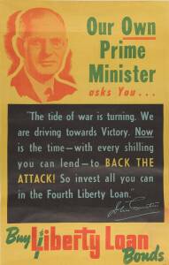 WW2 propaganda poster 4L-30, "Our Own Prime Minister asks you... Buy 4th Liberty Loan Bonds", featuring John Curtin, colour lithograph, 51x76cm.