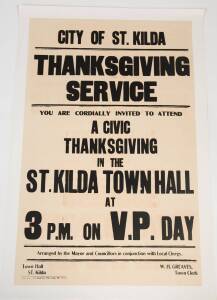 WORLD WAR TWO: "City of St. Kilda Thanksgiving Service... on V.P. Day" linocut and letterpress; laid down on linen; 101.8 x 64.9cms.